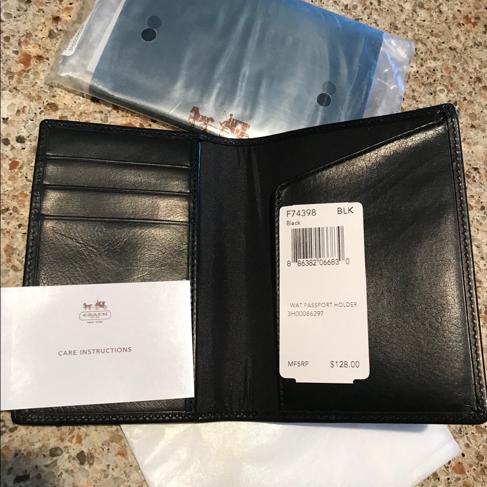 NWT Coach Black Leather Passport Holder